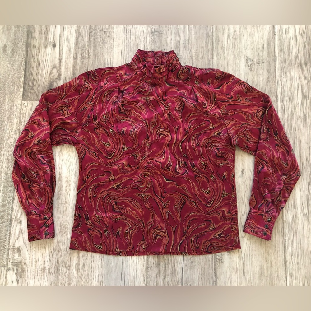 Liz Claiborne High Neck Blouse Top Satin Burgundy Button Back Top Size 2